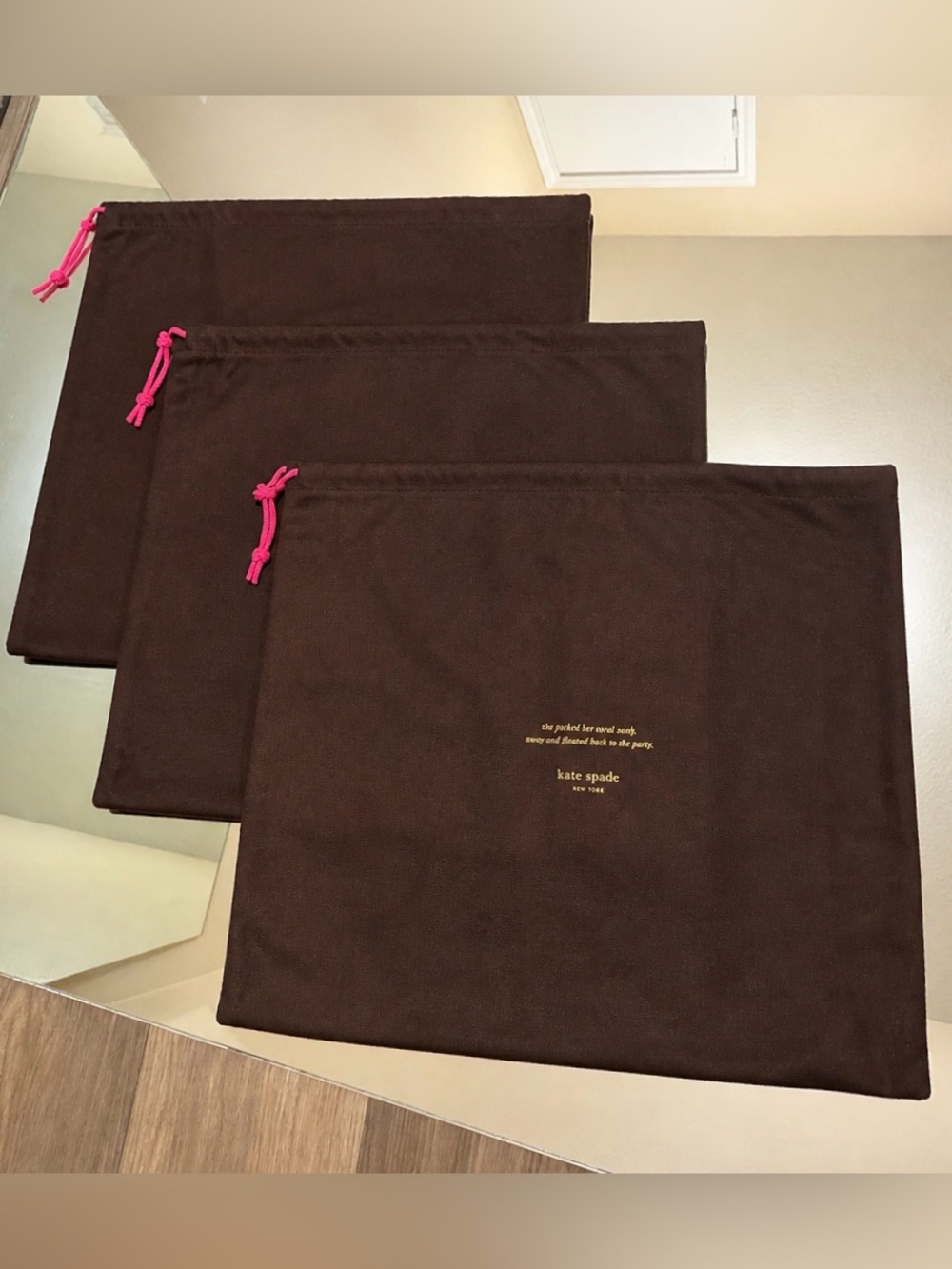 Kate Spade Dust Bag Set of 3 | Large Brown Pink Drawstring Storage Pouches